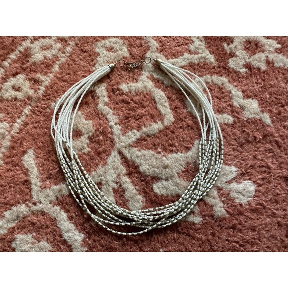 Multilayered Small Beaded Necklace White Brass Boho - Picture 1 of 3
